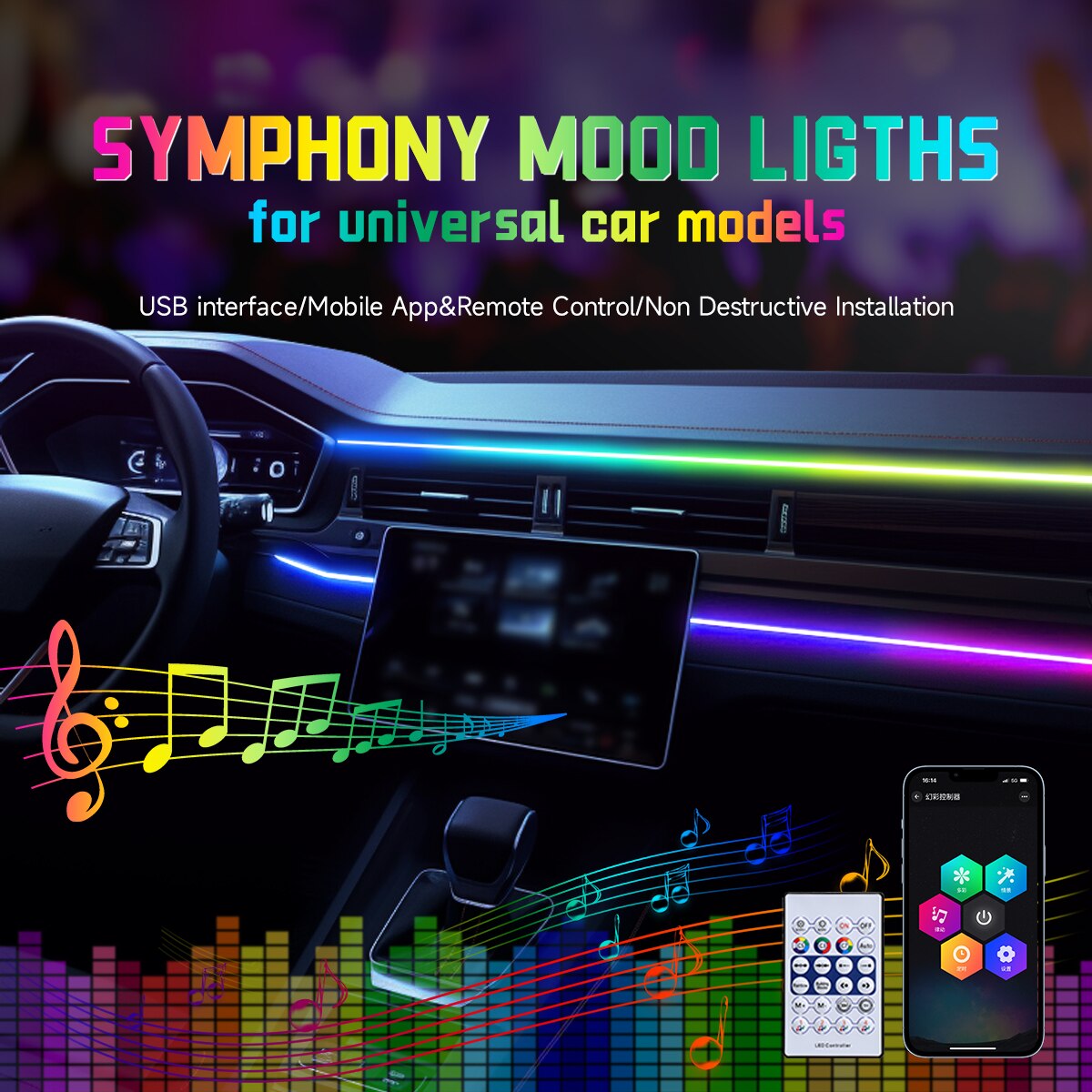 Carro led luz ambiente usb 64  - Led Ambient Interior Car Lights App Control avaliação e preço